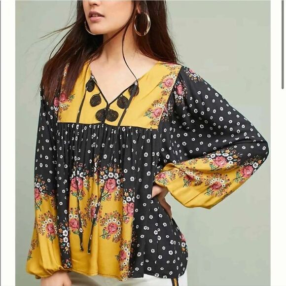 Farm Rio Intarsia Black Floral Pullover Boho Blouse - Picture 2 of 16